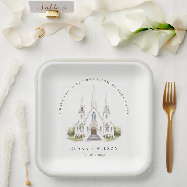 Elegante Einfache katholische Wasserfarbenkirche H Pappteller (Hochzeit)
