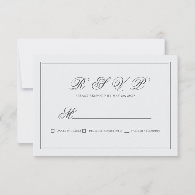 Elegante einfache klassische White Wedding RSVP Karte (Vorderseite)