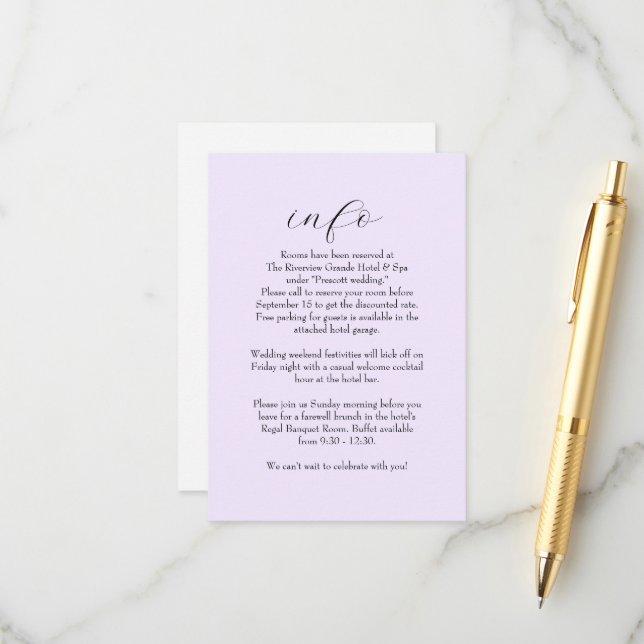 Elegante, einfache lila Hochzeitsinformationen Begleitkarte (Vorderseite/Rückseite Beispiel)