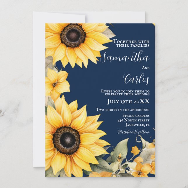 Elegante, einfache Marine, Sonnenblumen Hochzeit E Einladung (Vorderseite)