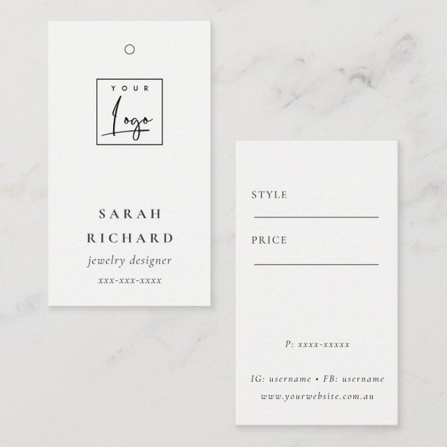 Elegante, einfache Minimal-White-Logo-Preismarke Visitenkarte (Vorne/Hinten)