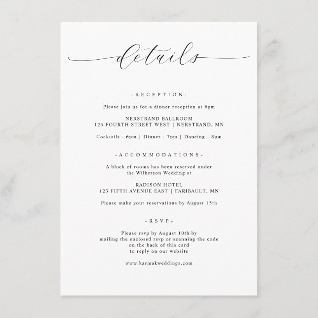 Elegante, einfache Minimalistische Hochzeitdetails Begleitkarte (Vorderseite)