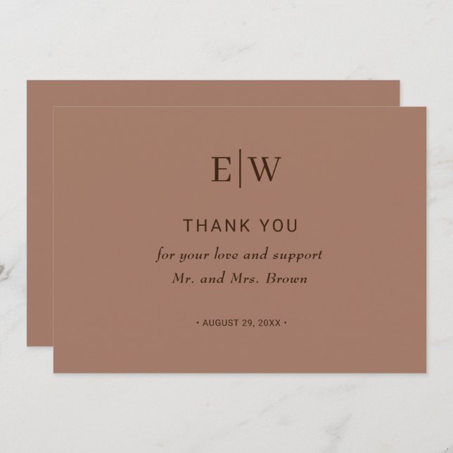 Elegante einfache Mocha-Mousse mit Monogram-Hochze Dankeskarte (Vorne/Hinten)