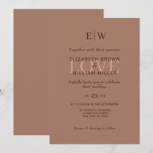 Elegante einfache Mocha-Mousse mit Monogram-Hochze Einladung (Vorne/Hinten)