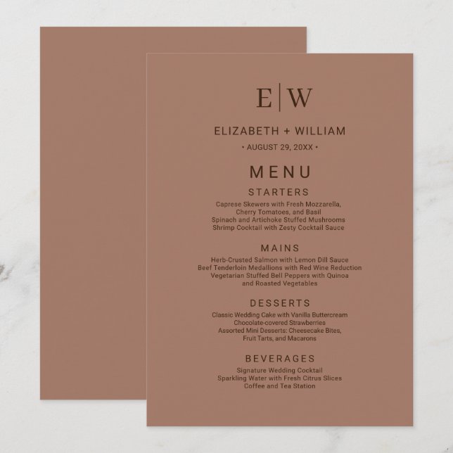 Elegante einfache Mocha-Mousse mit Monogram-Hochze Menükarte (Vorne/Hinten)