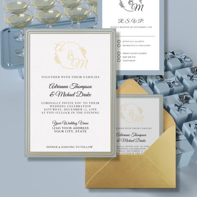 Elegante einfache moderne Dusty Blue Gold Hochzeit Folieneinladung (Von Creator hochgeladen)