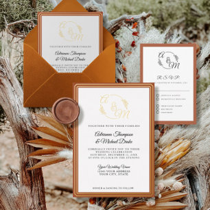 Elegante einfache moderne Gold-Braunorange-Hochzei Folieneinladung