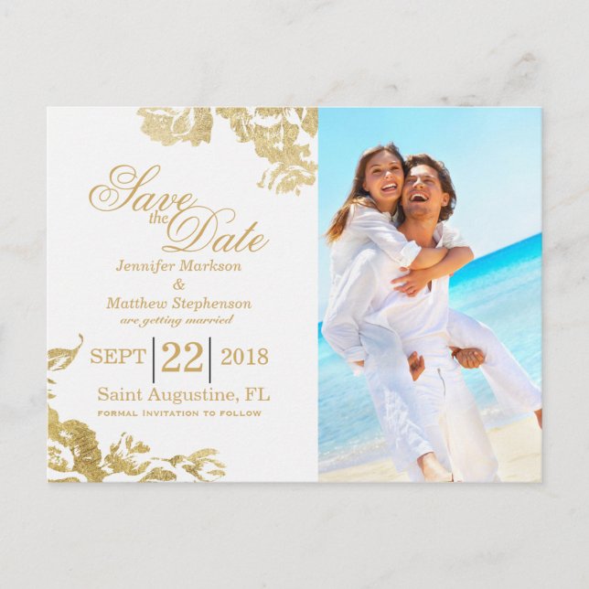 Elegante Einfache moderne Rose Blumengold Rett Dat Ankündigungspostkarte (Vorderseite)