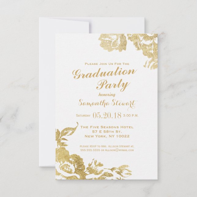 Elegante einfache moderne Rose Floral Gold Abschlu Einladung (Vorderseite)