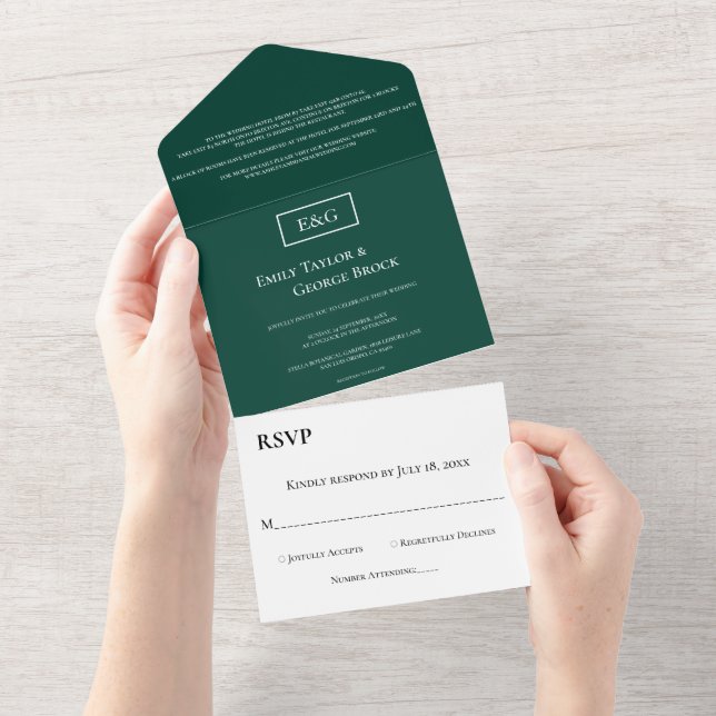 Elegante einfache Monogram Green Modern Wedding All In One Einladung (Abreißen)