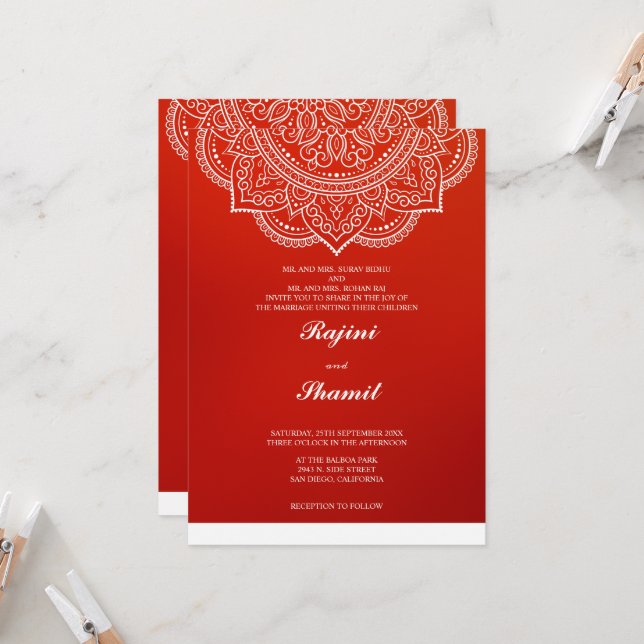 Elegante einfache Orange Red Paisley Indian Hindu Einladung (Vorderseite/Rückseite Beispiel)