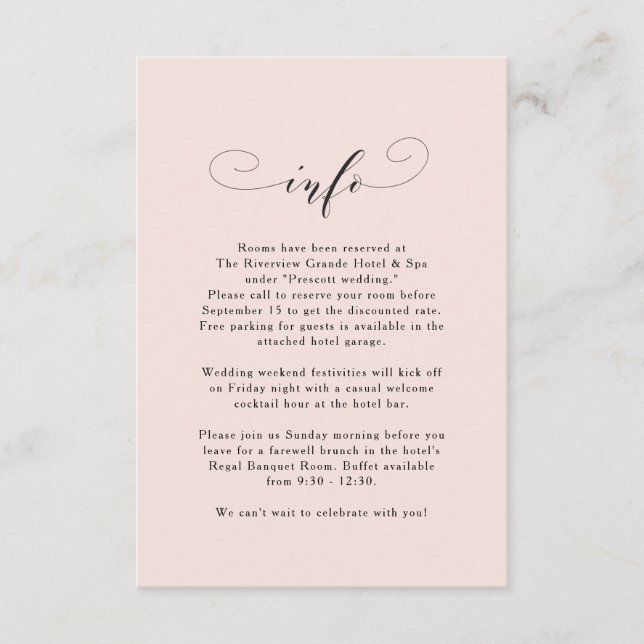 Elegante, einfache pfirsichrosa Hochzeitsinformati Begleitkarte (Vorderseite)