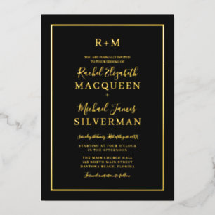 Elegante einfache Real Gold Border Black Wedding Folieneinladung
