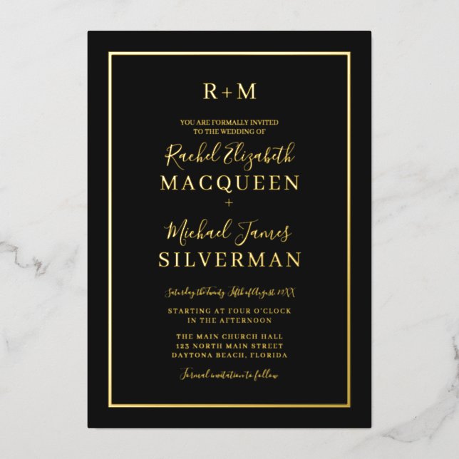 Elegante einfache Real Gold Border Black Wedding Folieneinladung (Vorderseite)