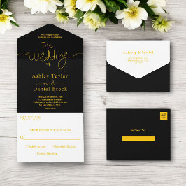 Elegante einfache Schwarz-Gold-Kalligrafie-Hochzei All In One Einladung