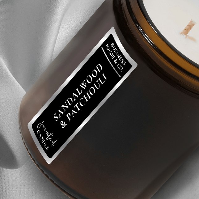 Elegante, einfache schwarz-silberfarbene Tamper-Ke Etiketten (Modern black and silver thin vertical candle jar sticker with faux chrome metallic effects)