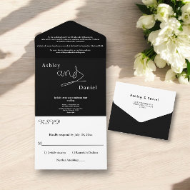 Elegante einfache Schwarz-Weiß-Kalligraphie-Hochze All In One Einladung