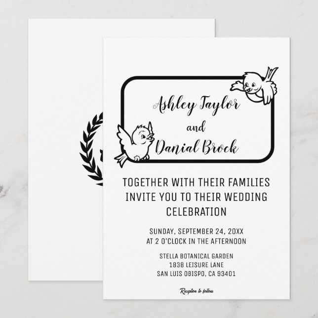 Elegante einfache Schwarz-Weiß-Vögel-Chic Hochzeit Einladung (Vorne/Hinten)