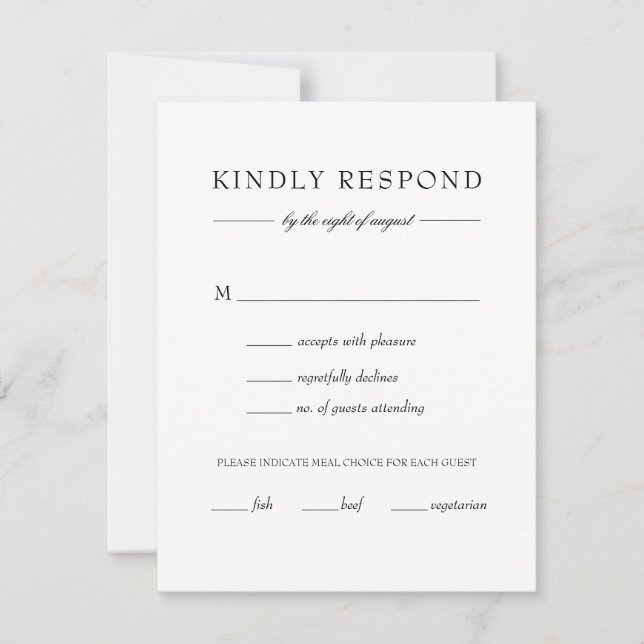Elegante einfache Schwarz-weiße Hochzeitsmahlzeit RSVP Karte (Vorderseite)