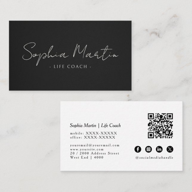 Elegante einfache schwarze QR-Code Visitenkarte (Vorne/Hinten)