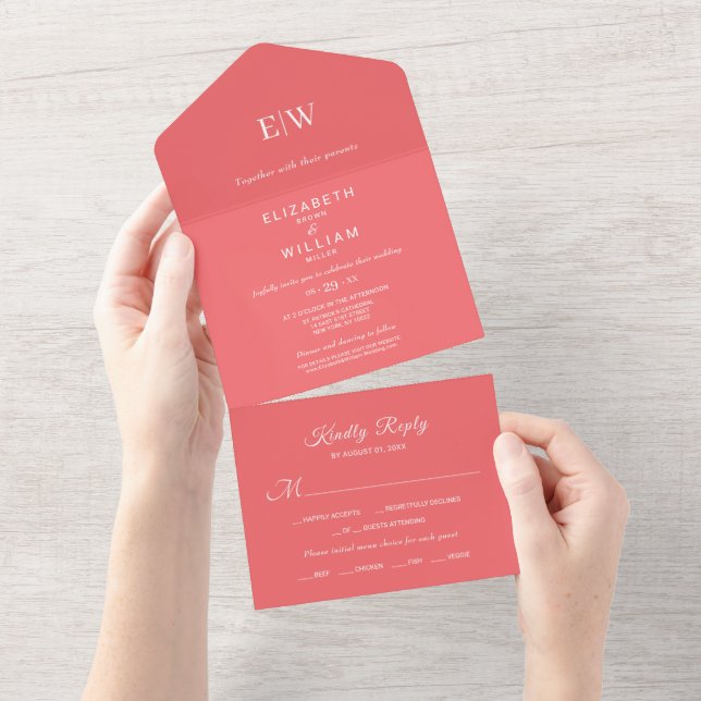Elegante einfache Sunset Coral mit Monogram Weddin All In One Einladung (Abreißen)