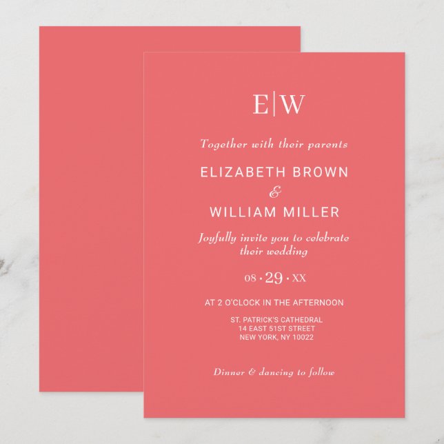 Elegante einfache Sunset Coral mit Monogram Weddin Einladung (Vorne/Hinten)
