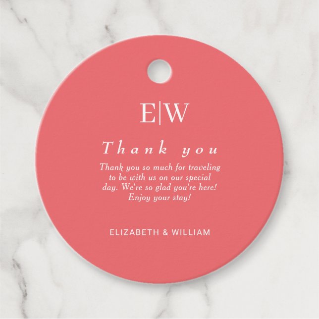 Elegante einfache Sunset Coral mit Monogram Weddin Geschenkanhänger (Vorderseite)