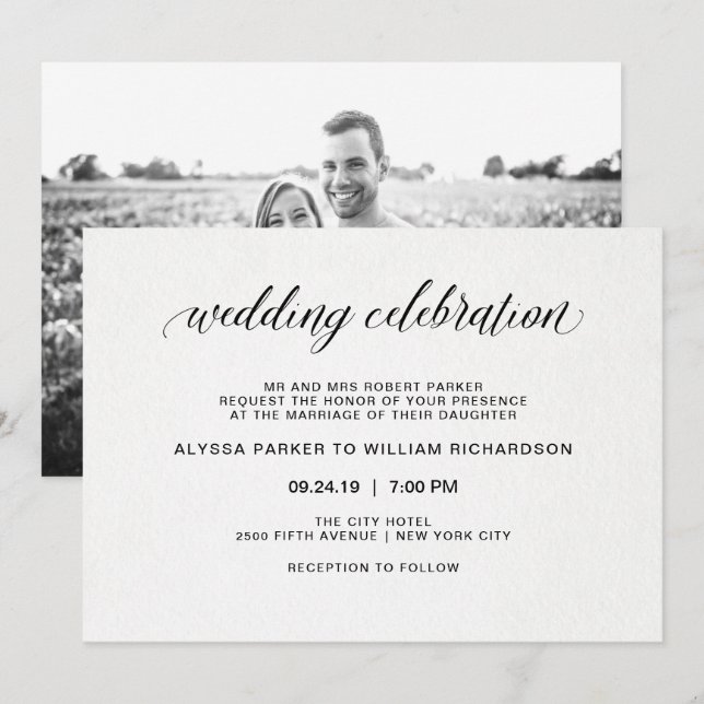 Elegante einfache Typografie| Foto auf BackWedding Einladung (Vorne/Hinten)