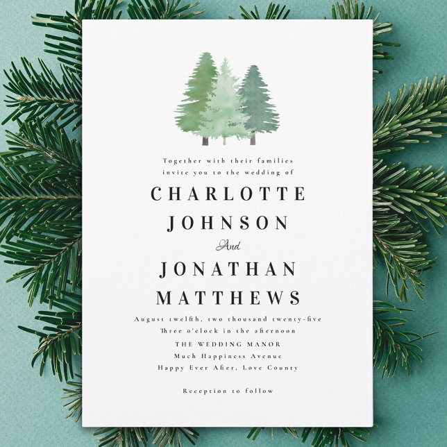 Elegante Einfache Wasserfarbenwoodland-Hochzeit Einladung (Elegant modern Watercolor Woodland wedding invitation)
