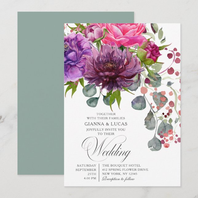 Elegante einfarbige Hochzeit der Wasserfarben Einladung (Vorne/Hinten)