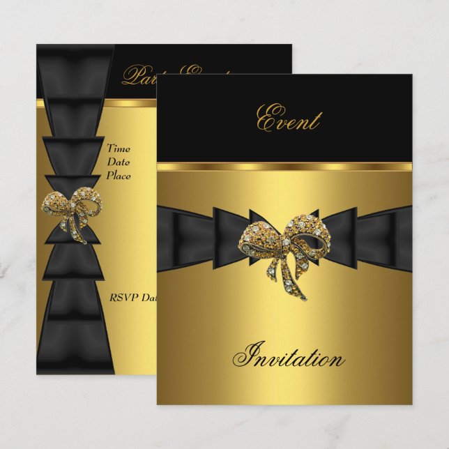Elegante Einladung Black Gold Bow Jewel (Vorne/Hinten)
