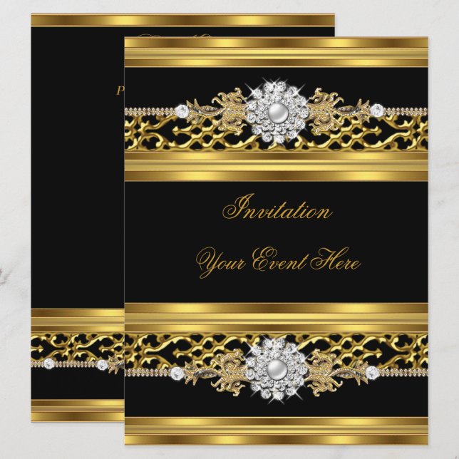 Elegante Einladung Black Lace Gold Jewel (Vorne/Hinten)