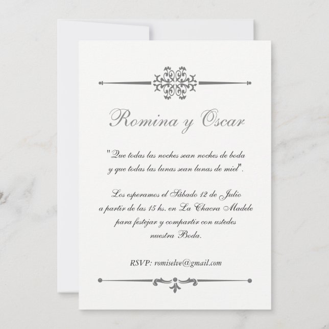 Elegante Einladung für Hochzeiten in Español. (Rückseite)