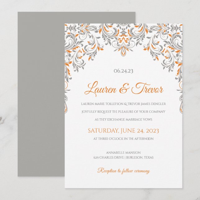 Elegante Einladung | Kate (Orange & Gray) (Vorne/Hinten)