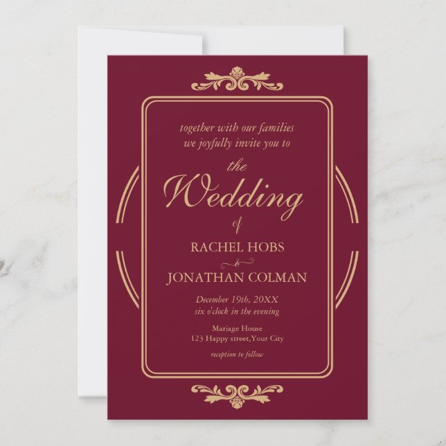 Elegante Einladung von Burgund und Gold Hochzeit (Vorderseite)