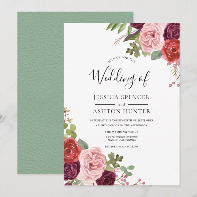 Elegante Einladung von Burgundy Blush Mint Wedding (Vorne/Hinten)