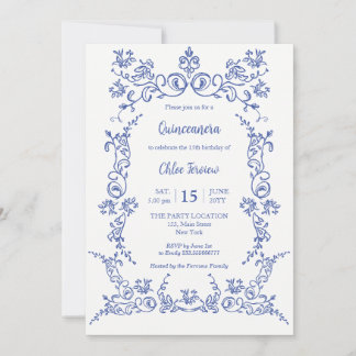 Elegante Einladung von Quinceñera Blauer Flora