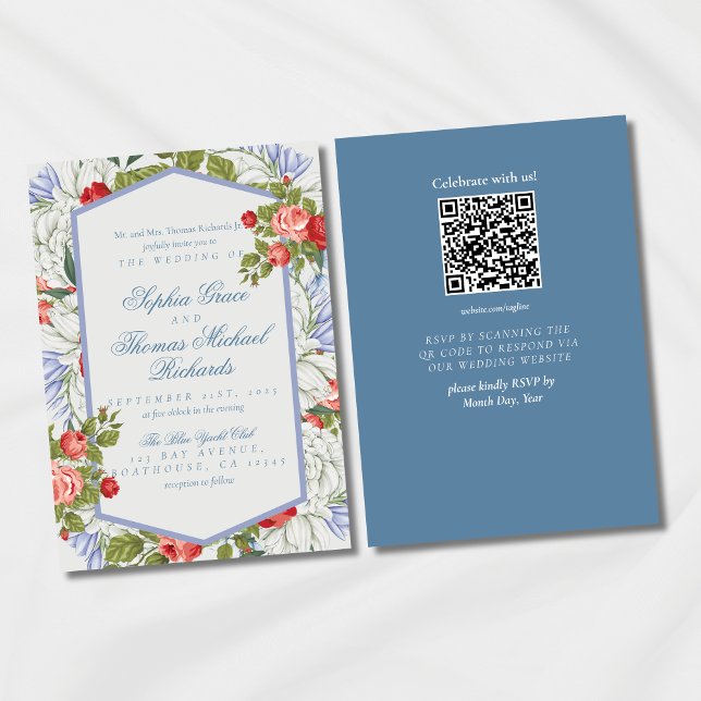 Elegante Einladung zu einer Hochzeit mit Blumen (Set the tone for a timeless celebration with this Romantic Red & Blue Floral Wedding Invitation!)