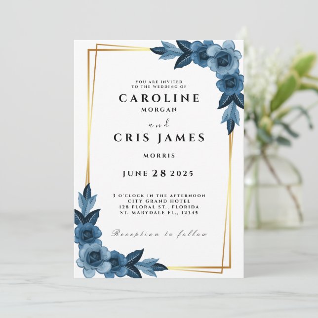 Elegante Einladung zu Hochzeiten in Blau und Gold (Stehend Vorderseite)