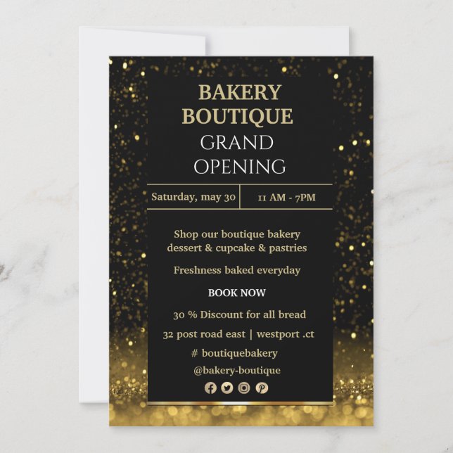 Elegante Einladung zum Black & Gold Grand Opening (Vorderseite)