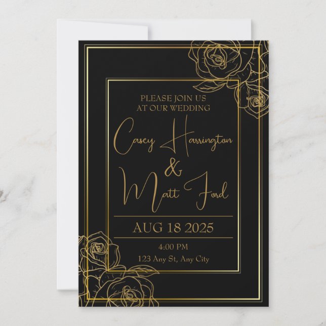 Elegante Einladung zur Black & Gold Hochzeit (Vorderseite)
