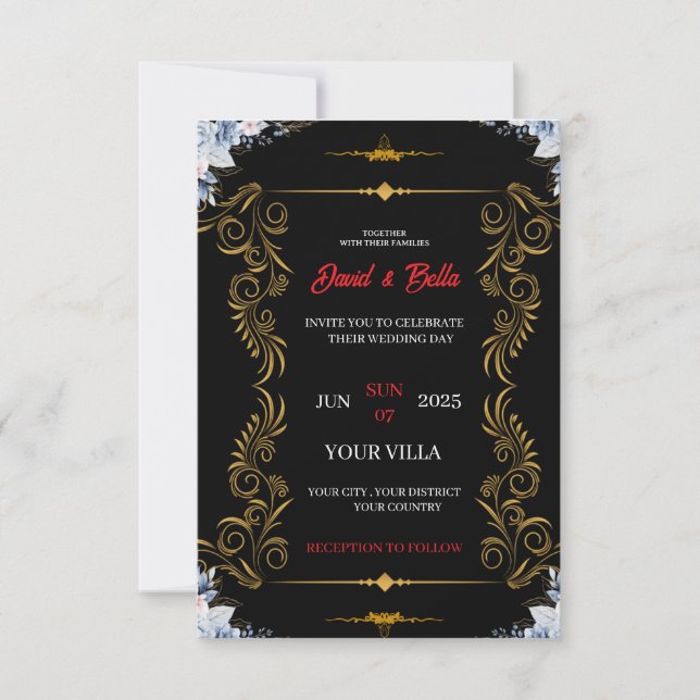 Elegante Einladung zur Black & Gold Hochzeit (Vorderseite)
