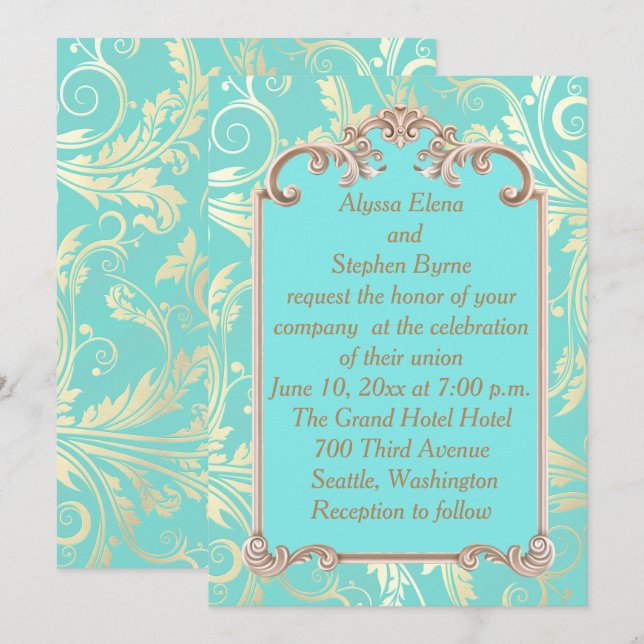 Elegante Einladung zur Hochzeit Aquamarin und Gold (Vorne/Hinten)