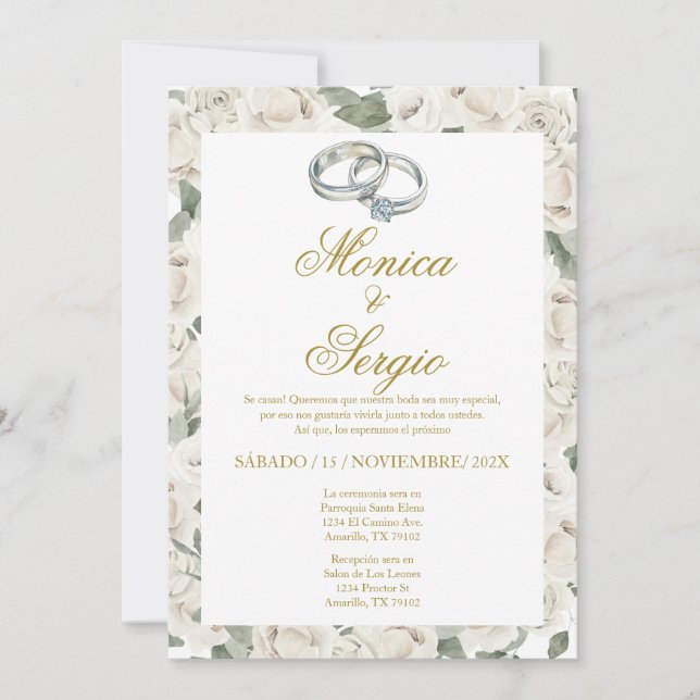 Elegante Einladung zur Hochzeit auf Spanisch (Vorderseite)