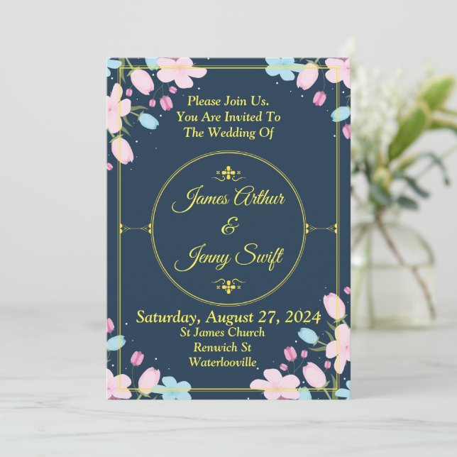 Elegante Einladung zur Hochzeit, blau, gold, rosa (Stehend Vorderseite)