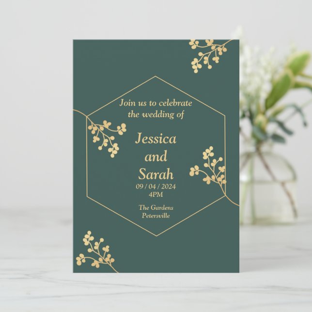 Elegante Einladung zur Hochzeit, grün, gold, weiß (Stehend Vorderseite)