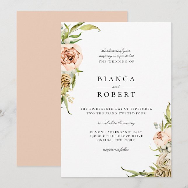 Elegante Einladung zur Hochzeit im botanischen Wal (Vorne/Hinten)
