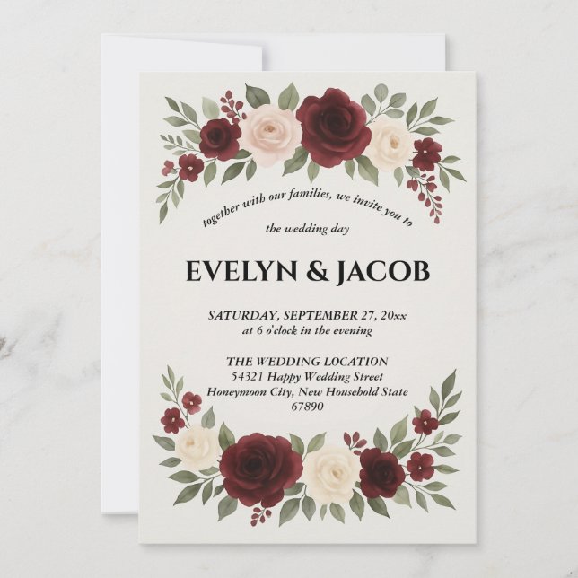 Elegante Einladung zur Hochzeit in Burgund (Vorderseite)