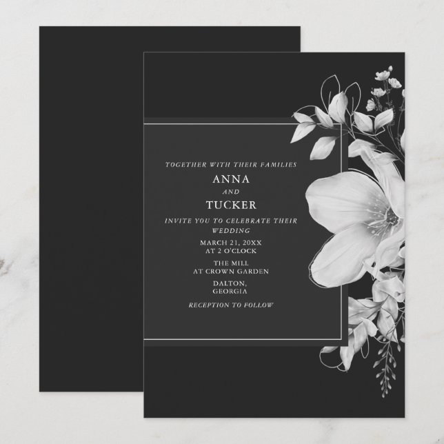 Elegante Einladung zur Hochzeit in Grau und Weiß (Vorne/Hinten)