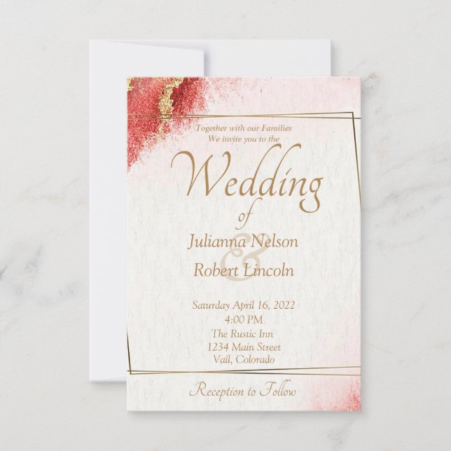 Elegante Einladung zur Hochzeit in Rot und Gold (Vorderseite)